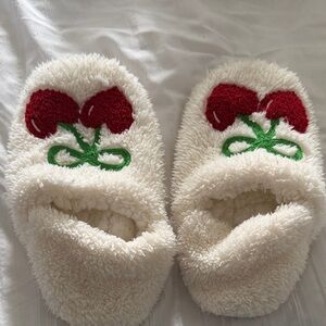 Cozy White Fuzzy Slippers with Red Cherry Embroidery